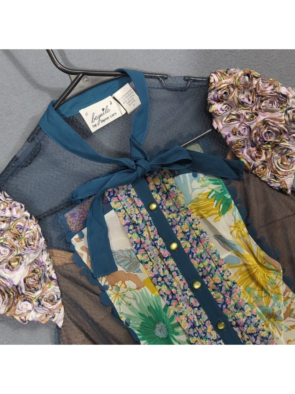 Beguile by Byron Lars Top Women's 2 Multi Wildeflora Patchwork Snap Blouse Ties